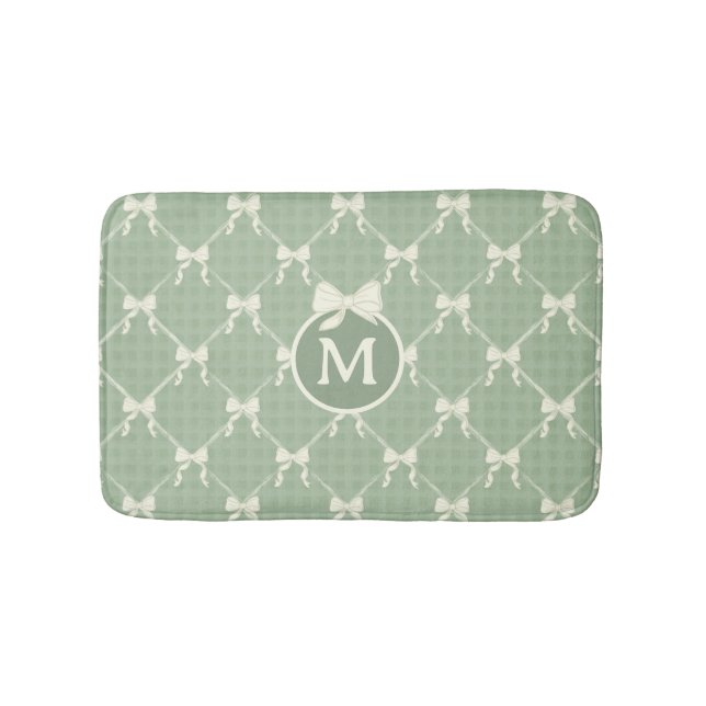 Alfombrilla De Baño Coquette Bows Gingham Monogram Cream Sage Green  (Anverso)