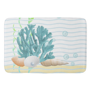Alfombrilla De Baño Coral azul, conchas marinas y perlas azules