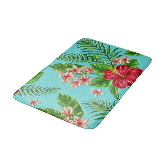 Alfombrilla De Baño Coral Cual Tropical Hibiscus Flower On Turquoise (Angular)