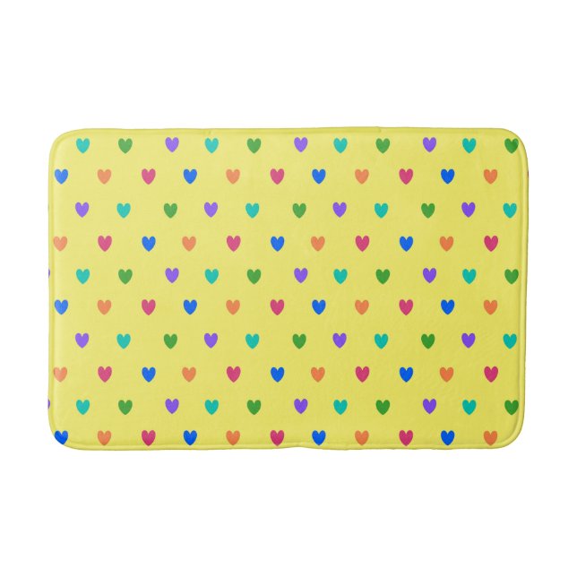 Alfombrilla De Baño Corazones de polka arcoiris sobre amarillo (Anverso)