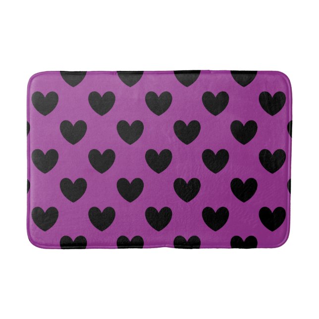 Alfombrilla De Baño Corazones de polka negra en morado (Anverso)