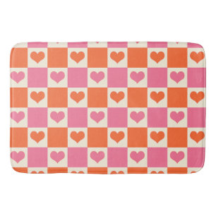 Alfombrilla De Baño Corazones de tablero de ajedrez en rosa, Naranja y