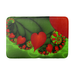 Alfombrilla De Baño Corazones rojos animan el arte fractal verde moder