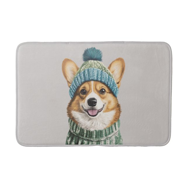Alfombrilla De Baño Corgi acogedor en el engranaje de invierno (Anverso)