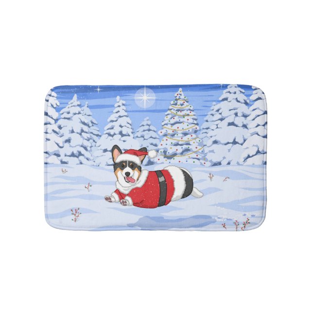 Alfombrilla De Baño Corgi negro en traje de Santa Navidades (Anverso)
