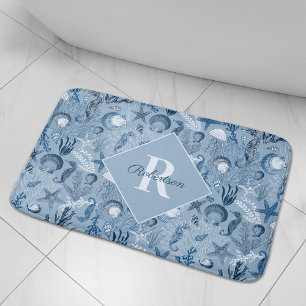 Alfombrilla De Baño Costa Monograma de la vida marina azul