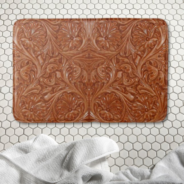 Alfombrilla De Baño cowboy patrón de país occidental de cuero con herr (cowboy western country pattern tooled leather bath mat)