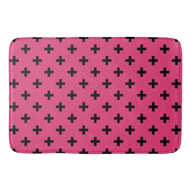 Alfombrilla De Baño Cruces de polka negra en fucsia (Anverso)
