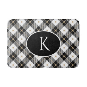 Alfombrilla De Baño Cuadro de Plaid negro blanco y dorado con monogram