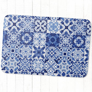 Alfombrilla De Baño Cuadros de agua del patrón de mosaico blanco azul 
