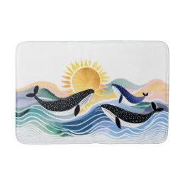 Alfombrilla De Baño Cuadros felices de olas y ballenas azules