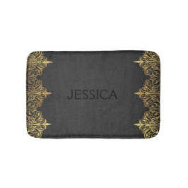 Alfombrilla De Baño Cuero Vintage negro con marco dorado giratorio