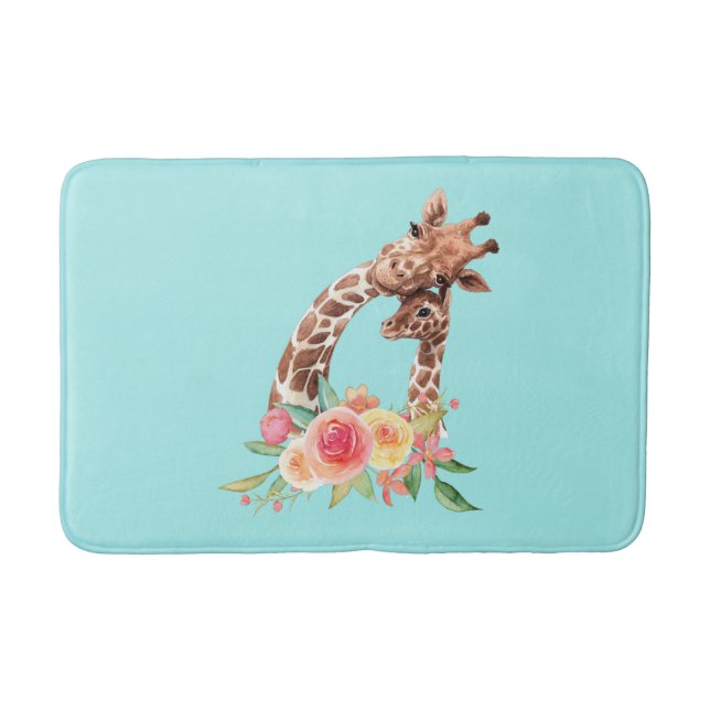 Alfombrilla De Baño Cuidada jirafa acuarela mamá y bebé (Anverso)