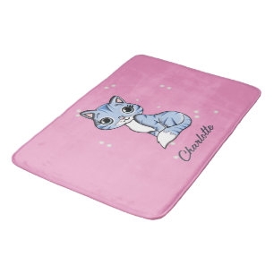 Alfombrilla De Baño Cuidar gato azul en nombre personalizado rosa