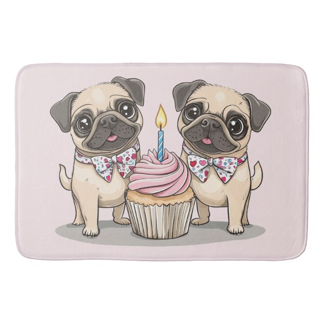 Alfombrilla De Baño Cupcake de perros Pug de cumpleaños (Anverso)