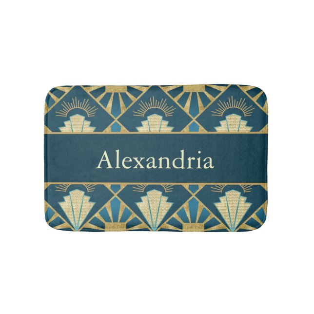 Alfombrilla De Baño Custom Name Art Deco Teal & Gold Luxe (Anverso)