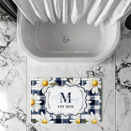 Alfombrilla De Baño Custom Navy Gingham Daisy Monogram