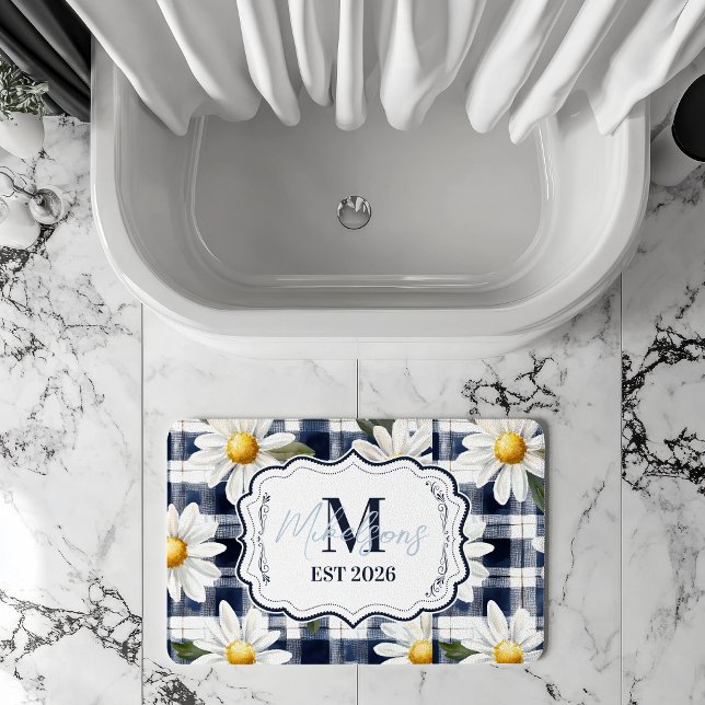 Alfombrilla De Baño Custom Navy Gingham Daisy Monogram (Subido por el creador)