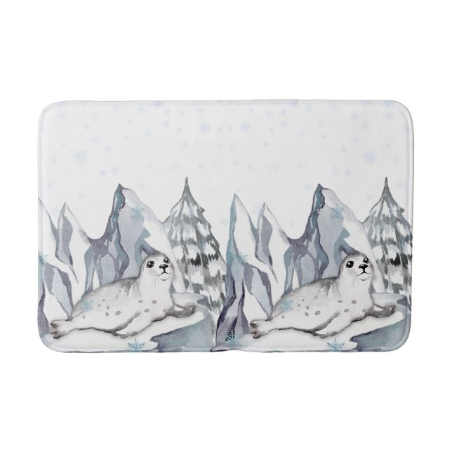 Alfombrilla De Baño Cute acuarela White Seal Pine Treps Snowflakes (Anverso)