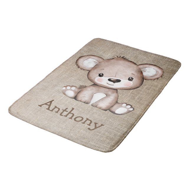 Alfombrilla De Baño Cute Bear Burlap Nombre Rústico Acuarela (Angular)