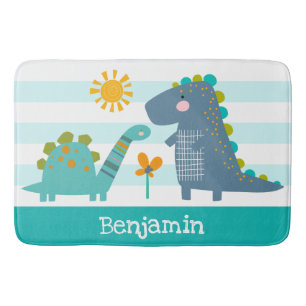 Alfombrilla De Baño Cute Dinosaurios niño Bandas Azules Nombre Diverti