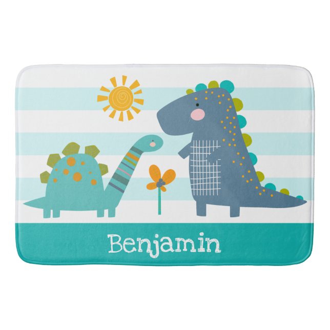 Alfombrilla De Baño Cute Dinosaurios niño Bandas Azules Nombre Diverti (Anverso)