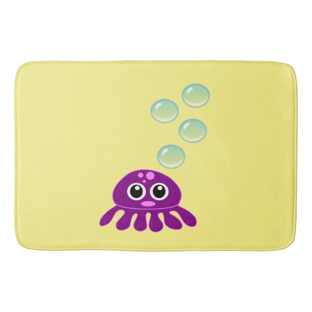 Alfombrilla De Baño Cute Kawaii Purple Jellyfish con burbujas azules (Anverso)