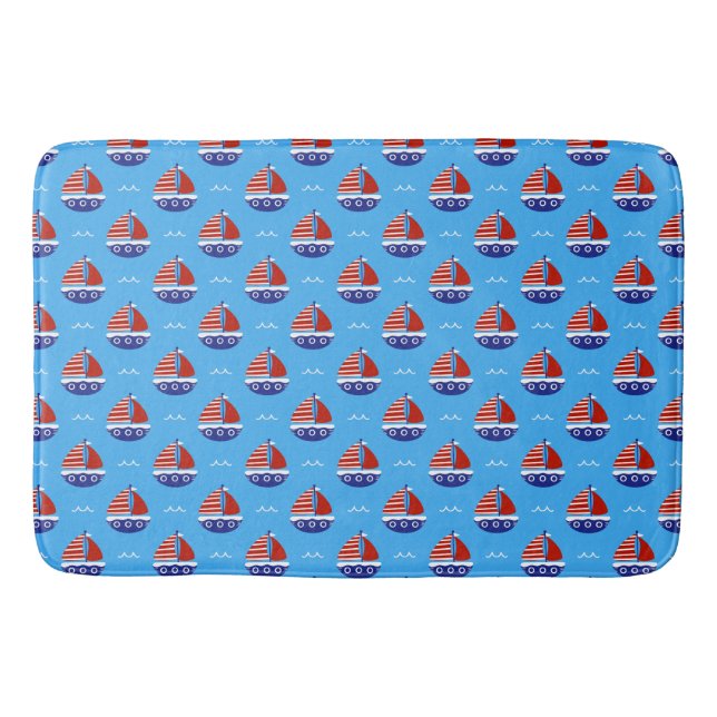 Alfombrilla De Baño Cute Kids Sailboat Pattern Ocean Blue (Anverso)