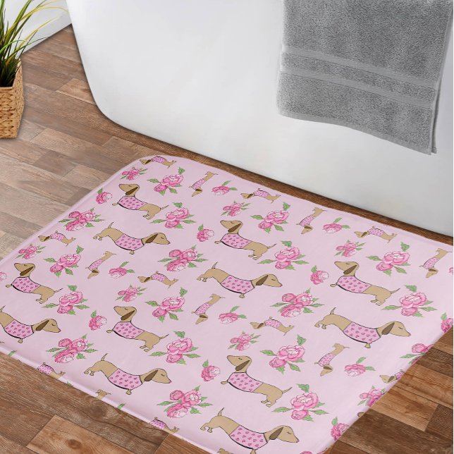 Alfombrilla De Baño Dachshund Bath Mat Doxie + Peonies Floral Rug (Pink floral dachshund bathroom accessories - peonies and wiener dogs)