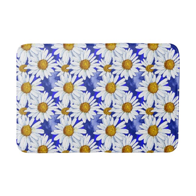 Alfombrilla De Baño Daisies acuarelas sobre el azul denim (Anverso)