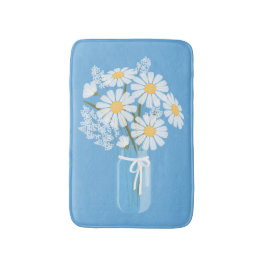 Alfombrilla De Baño Daisies blancos Mason Jar en azul