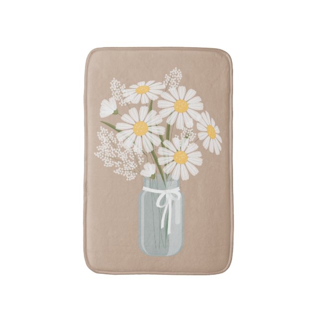 Alfombrilla De Baño Daisies blancos Mason Jar en Beige (Frente vertical)