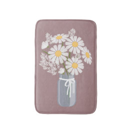Alfombrilla De Baño Daisies blancos Mason Jar en rosa oscuro