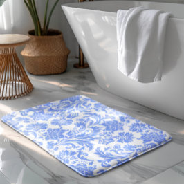 Alfombrilla De Baño Damasco floral blanco y azul en polvo