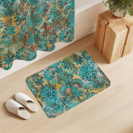 Alfombrilla De Baño Damasco Grunge Aquamarina Viridian Mostaza Terraco