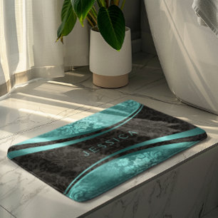 Alfombrilla De Baño Damascos florales turquesa y negra
