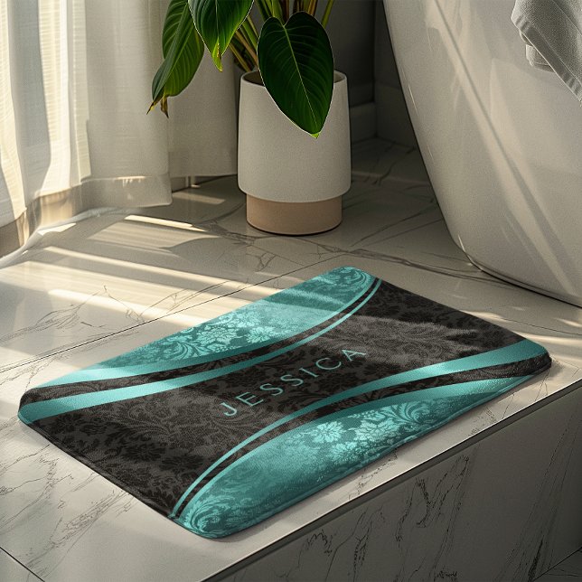 Alfombrilla De Baño Damascos florales turquesa y negra (Subido por el creador)