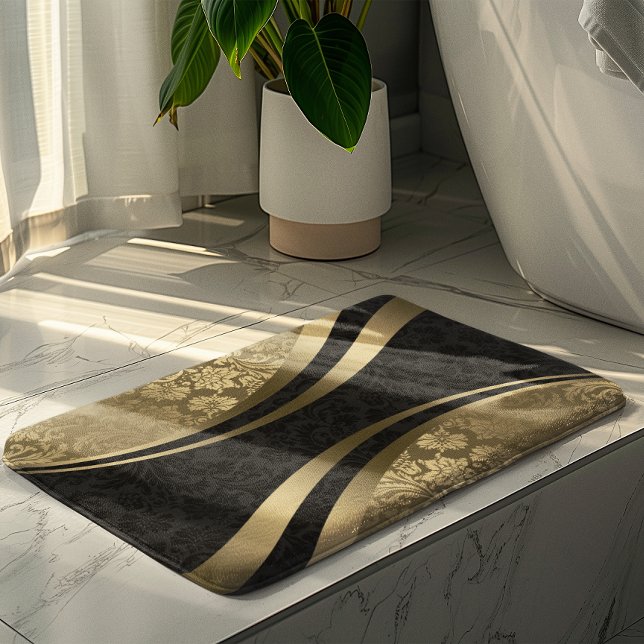 Alfombrilla De Baño Damascos Geométricos Dinámicos Negros Y Oro (Subido por el creador)
