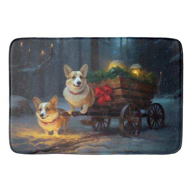 Alfombrilla De Baño Decoración de los Navidades Corgi Snowy Sleigh (Anverso)