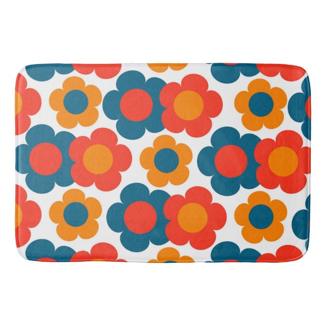 Alfombrilla De Baño Delicioso Retro Floral Azul y Naranja Alegre (Anverso)