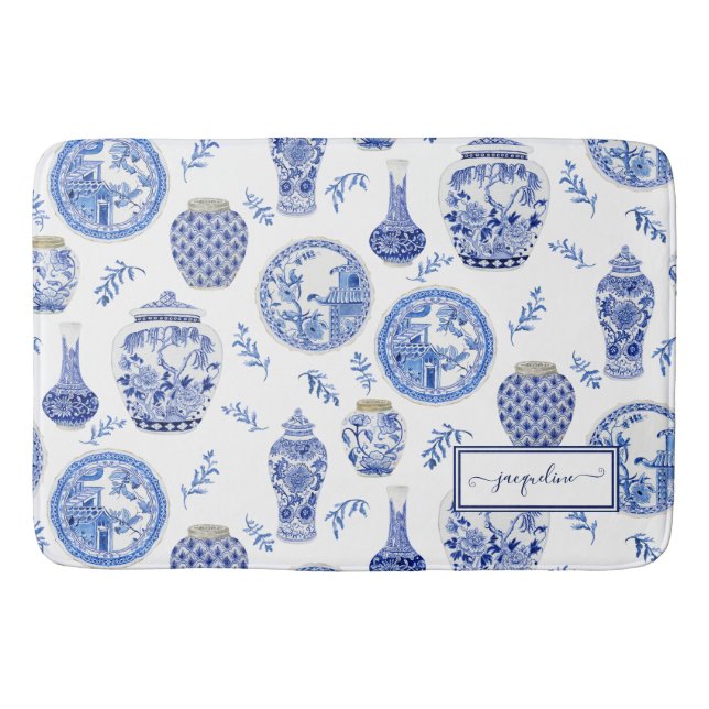 Alfombrilla De Baño Denominación Flor azul floral de jengibre blanco (Anverso)