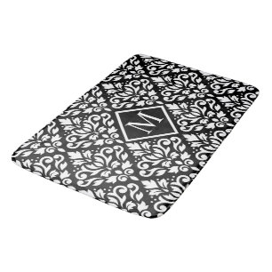 Alfombrilla De Baño Desplazar Damask Ptn blanco sobre negro (personali