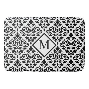 Alfombrilla De Baño Desplazar Damask Ptn negro sobre blanco (personali