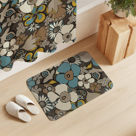 Alfombrilla De Baño Dibujos florales azul turco y marrón mostaza