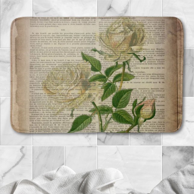 Alfombrilla De Baño diccionario país francés rosa botánico blanco (dictionary french country botanical white rose bath mat)
