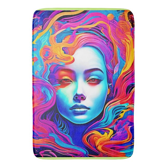 Alfombrilla De Baño Diosa neón con el pelo cósmico flotante (Frente vertical)