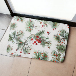 Alfombrilla De Baño Diseño de feriado de pino y bayas rojas