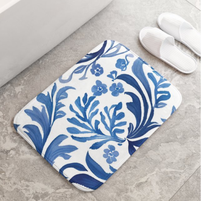 Alfombrilla De Baño Diseño floral azul y blanco | Patrón de Chinoiseri (Subido por el creador)