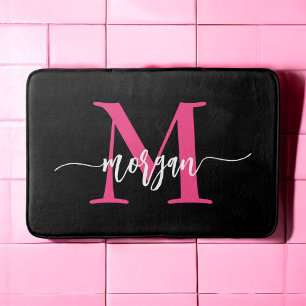 Alfombrilla De Baño Dormitorio del Chica del Monograma Negro Rosado Ca