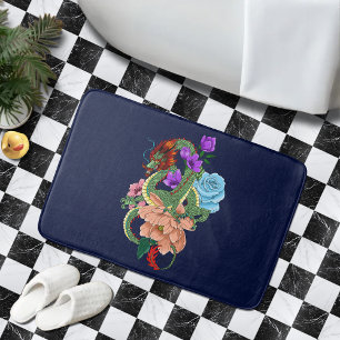 Alfombrilla De Baño Dragón Chino Verde Místico Floral Azul Marino